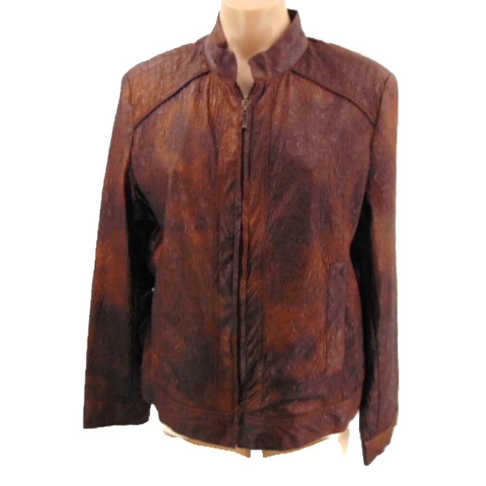 Erin London Brown Vegan Faux Reptile Print Jacket Size L Zip Front Crinkle